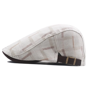 Classic plaid cotton flat cap in beige with vintage bronze buckle side adjustment