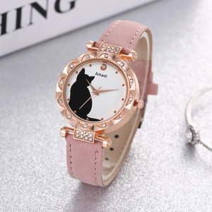 Fashionable rose gold watch with cute cat silhouette dial and pink suede strap