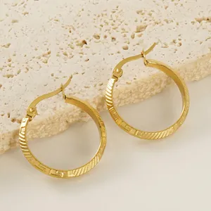Hoop Earrings 18K Gold Plated Stainless Steel Greek Key Meander Pattern Retro Lever Back Catch Clasp Jewelry For Women