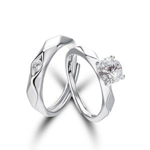 Adjustable S925 silver couple ring set featuring geometric faceted bands and diamonds