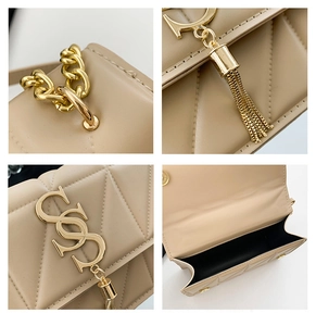 Detail shots of beige quilted shoulder bag with gold chain and metal fringe charm