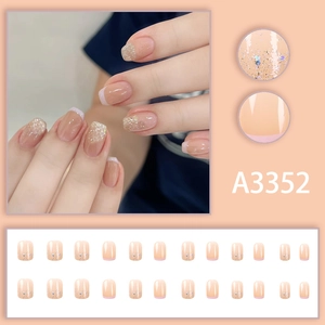 Short French nude glitter press-on nails set with shimmer pink finish and silver tips