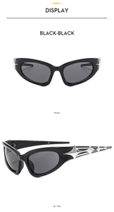 Front and 45-degree side views of black sunglasses featuring silver star side details