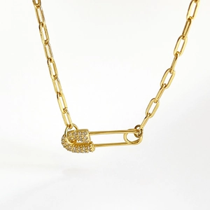 925 silver golden paperclip chain necklace with zircon paved safety pin pendant
