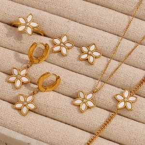 Stainless Steel Flower Necklace Bracelet Earrings Ring 18K Gold Plated White Shell Zircon French Style Elegant Jewelry Women