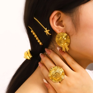 Straw Hat Jewelry Set 18K Gold Plated Stainless Steel Textured Open Ring Earrings Waterproof Hypoallergenic Women