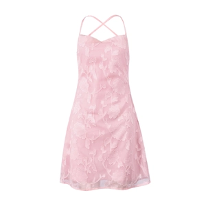 Detail of pink summer slip dress showing 3D floral texture and lace-up back design