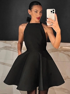 Halter Backless Black Mini Dress French Style High Waist A-Line Party Dress With Large Bow Elegant For Women