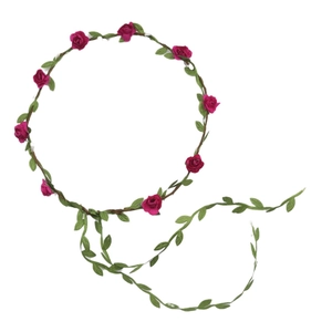Handmade bridal floral headband with magenta roses and green leaf vines on white background