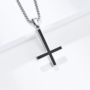 Gothic inverted cross necklace in silver finish with black enamel on a sturdy bead chain