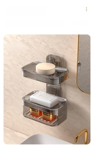 Macro detail of a wall-mounted double-layer grey soap holder with drainage design