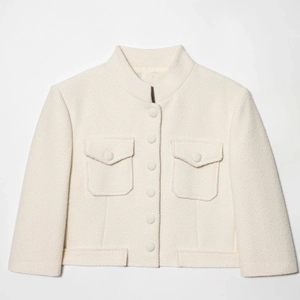 Giacca corta in tweed bianco da donna con collo alto e trama del tessuto
