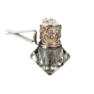 Diamond-cut glass car perfume bottle with rhinestone metal cap and vent clip