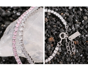 Detail of S925 sterling silver tennis bracelet with pink and white cubic zirconia stones