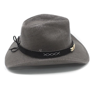 Detail of dark grey woven western cowboy hat with cross-stitched band and wooden beads
