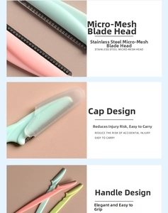 Detail of macaron eyebrow trimmer set featuring micro-guard stainless steel blades