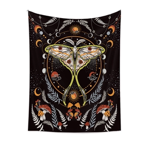 Bohemian Luna Moth tapestry with mystical moon phases and mushrooms for wall decor
