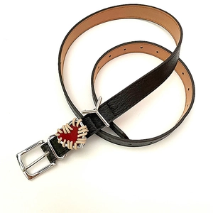 Black PU leather belt with red heart stitching and silver V-shaped buckle for jeans