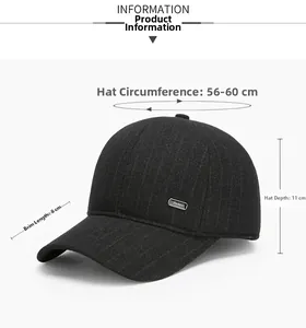 Detailed size specifications for a men's gray wool baseball cap with dimensions shown