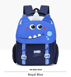 Detail of blue dinosaur backpack featuring cute embroidery and breathable side mesh pocket