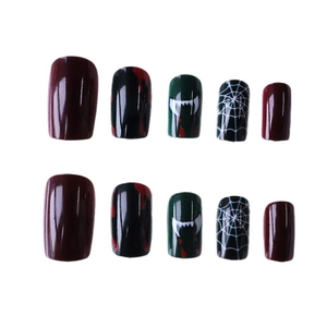 Halloween square press-on nails featuring red blood drips, vampire teeth, and spider webs