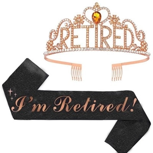 Detail of rose gold retired crown and glitter sash set for retirement party decorations