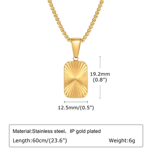 Detail view of square gold-plated stainless steel pendant with radial texture and size specs