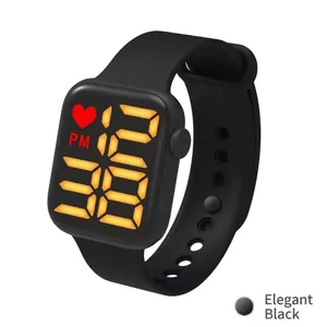 Elegant black LED sports watch detail showing square dial and soft silicone strap