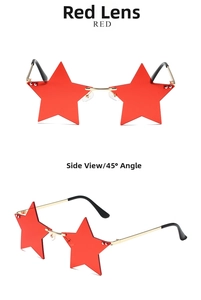 Detail view showing star-shaped red lenses and slim golden metal temples of sunglasses