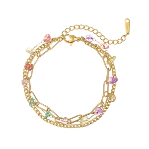 Three-layer 18K gold plated stainless steel bracelet with colorful natural stones