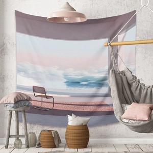 Detail of bohemian dream terrace wall tapestry hanging in a cozy minimalist living room