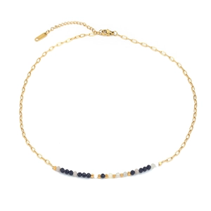 Detail of multi-color beaded gold necklace in stainless steel with adjustable chain