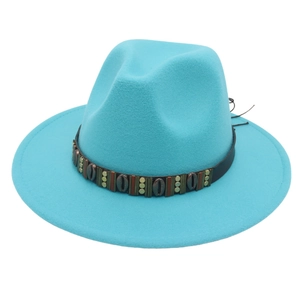 Detail of turquoise wool fedora with bohemian metal studded leather hatband