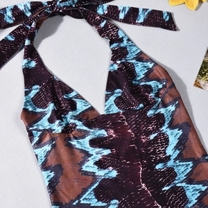 Detail of snake print fabric on deep V-neck halter top with blue and brown patterns