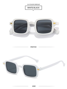 Gafas de sol cuadradas blancas vintage con bisagras de flecha doradas y lentes negras