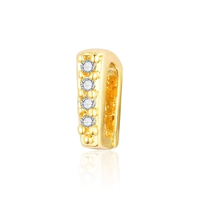 Macro shot of gold-plated rectangular pendant with four cubic zirconia stones on white background