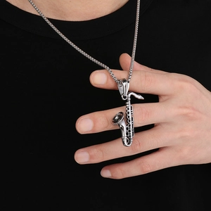 Vintage silver saxophone musical instrument pendant necklace for men in hip hop style
