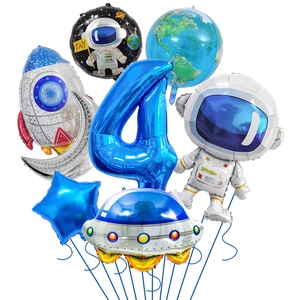 Detailed set of space theme foil balloons featuring astronaut, rocket and blue number 4