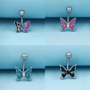 Lot de quatre piercings de nombril papillon avec finition émail pailleté et cristaux