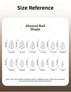 Detailed size chart for almond shape press-on nails with white and black polka dots