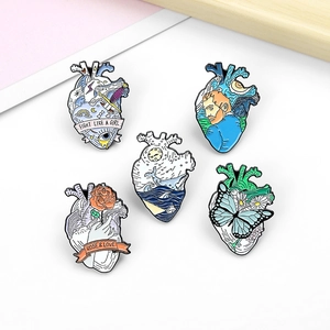 5-pack creative anatomical heart enamel pins with Van Gogh art and butterfly waves