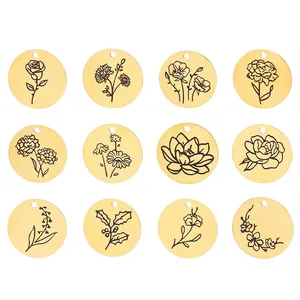 Stainless Steel Round Flower Pendants Engraved Floral Birth Flower Charms For DIY Jewelry Making Necklaces Fashion Women