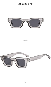 Detail view of square hip hop sunglasses showing positive and side profiles in gray-black