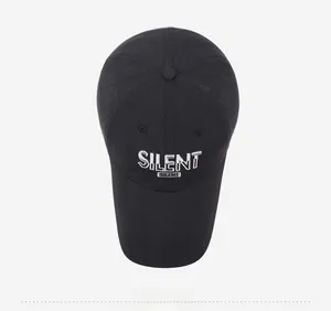 Top view of a black quick-dry baseball cap featuring white SILENT 3D embroidery detail