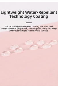 Detail of pink mini card umbrella with waterproof coating and hydrophobic water droplets