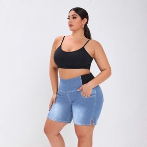 Women plus size activewear set with black sports camisole and high waist blue denim shorts