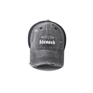 Detail view of the distressed washed gray baseball cap featuring white blessed embroidery