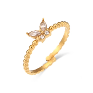 Verstellbarer goldener Edelstahlring mit Zirkon-Schmetterling und Perlenband-Design