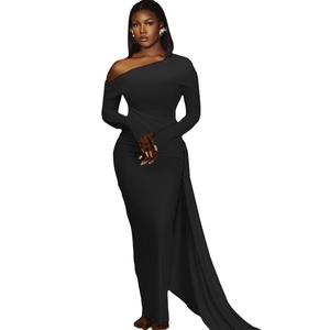 Elegant black one-shoulder evening dress with long sleeves and floor-length asymmetric hem