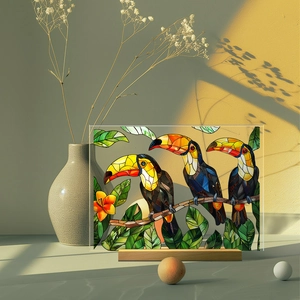 Artistic acrylic toucan bird decor with stained glass effect and wooden base detail